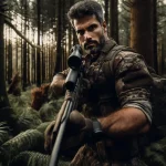 Um caçador experiente e bravo, exibindo uma expressão de irritação ou frustração no rosto, vestindo roupas de camuflagem robustas. Ele segura firmemen (1)