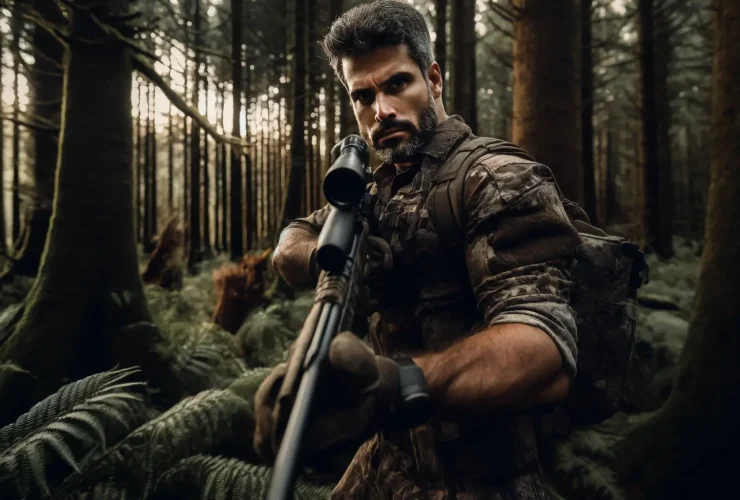 Um caçador experiente e bravo, exibindo uma expressão de irritação ou frustração no rosto, vestindo roupas de camuflagem robustas. Ele segura firmemen (1)